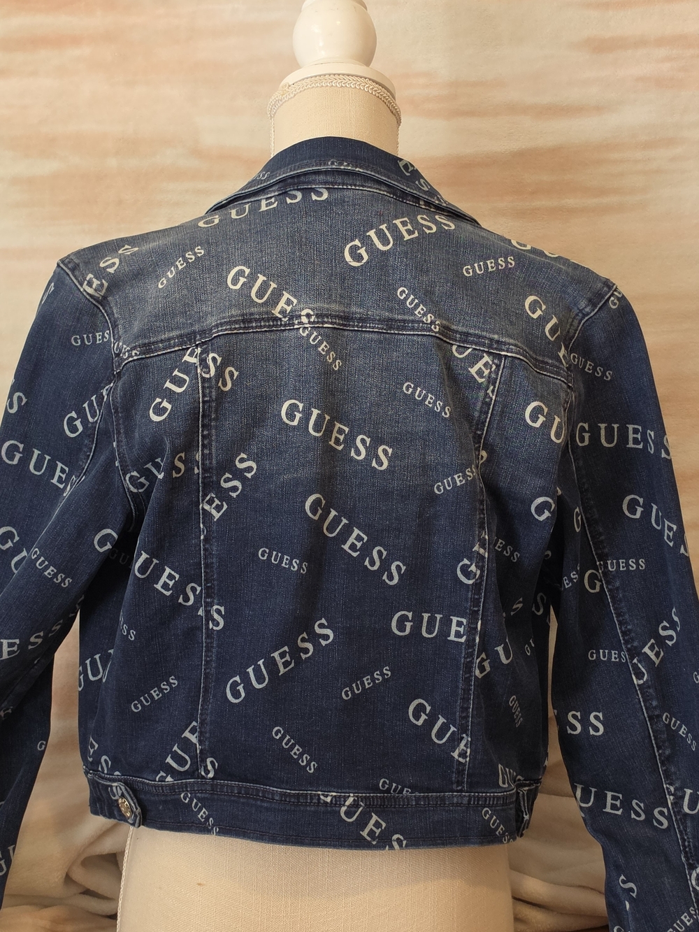 GUESS All-Over Logo Dark Wash Denim Jacket - Navy Blue - Picture 3 of 4